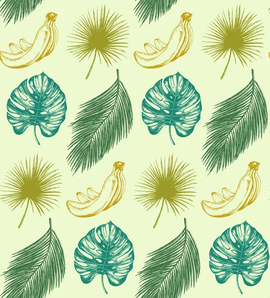 Тропический Бесшовный Рисунок Векторе Экзотические Пальмовые Листья Фрукты Фон Иллюстрация — стоковый вектор
