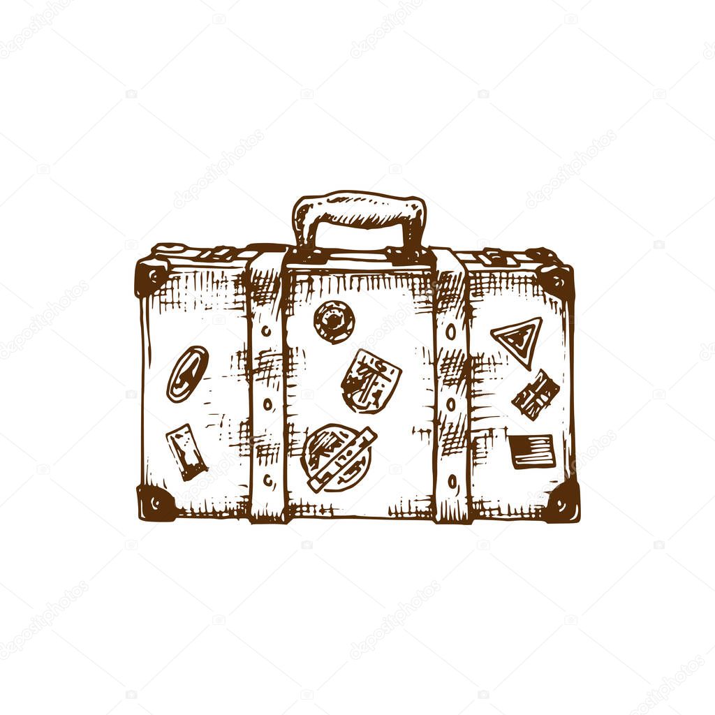  Vector travel label template with hand drawn suitcase illustration. Touristic emblem design.