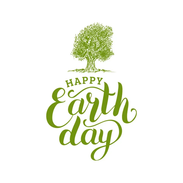 Happy Earth Day Hand Lettering Vector Tree Illustration Greeting Card — Stock Vector