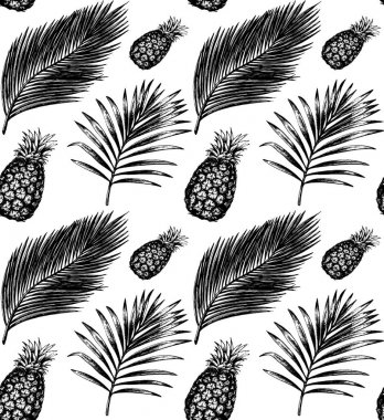 Tropikal Dikişsiz desen vektör. Egzotik palmiye yaprakları ve arka plan meyve. Orman bitki örtüsü illüstrasyon. El kroki.