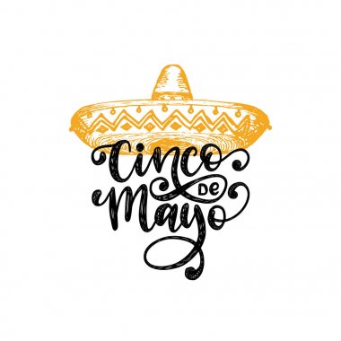 Cinco De Mayo çeviri 5 Mayıs yazı İspanyol elinden. Vektör hat illüstrasyon fötr şapka ile. Tebrik kartı, afiş tasarımı için kullanılan.