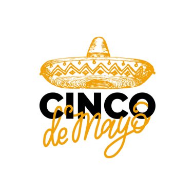 Cinco De Mayo çeviri 5 Mayıs yazı İspanyol elinden. Vektör hat illüstrasyon fötr şapka ile. Tebrik kartı, afiş tasarımı için kullanılan.