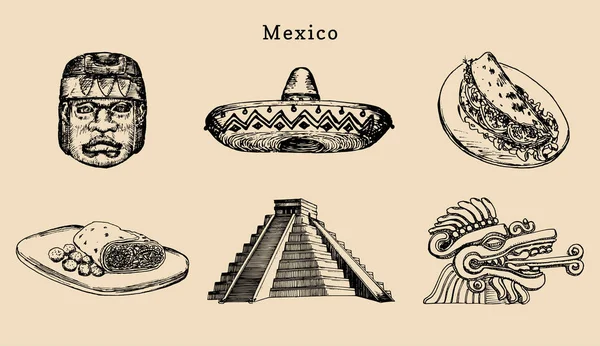 Conjunto Dibujado Conocidas Atracciones Mexicanas Ilustraciones Vectoriales Vistas Olmecas Aztecas — Archivo Imágenes Vectoriales
