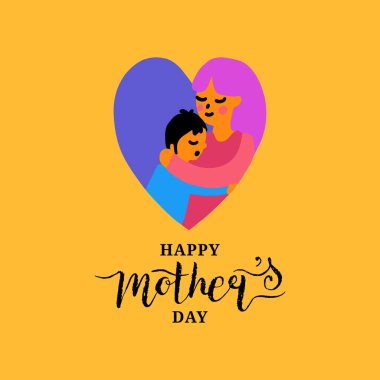 Mutlu anneler günü vektör yazı ver. İllüstrasyon kart, Festival afiş vb tebrik için kalp şeklinde çocuk ile anne.