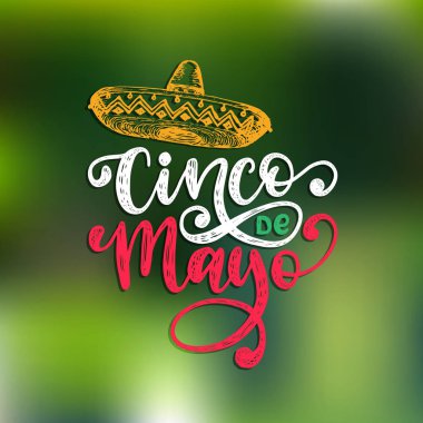 Cinco De Mayo el yazı. Çeviri İspanyolca 5 Mayıs. Vektör hat illüstrasyon fötr şapka ile. Tebrik kartı, afiş tasarımı için kullanılan.