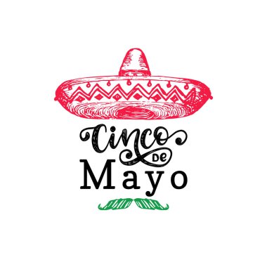 Cinco De Mayo el yazı. Çeviri İspanyolca 5 Mayıs. Vektör hat illüstrasyon fötr şapka ile. Tebrik kartı, afiş tasarımı için kullanılan.