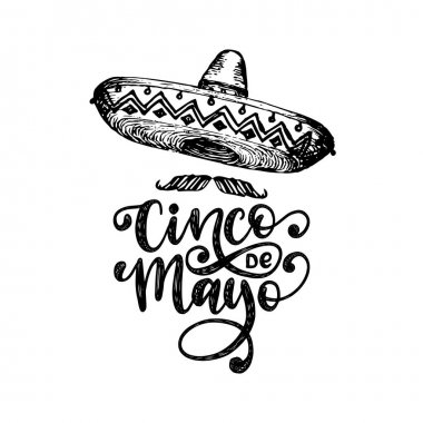 Cinco De Mayo el yazı. Çeviri İspanyolca 5 Mayıs. Vektör hat illüstrasyon fötr şapka ile. Tebrik kartı, afiş tasarımı için kullanılan.