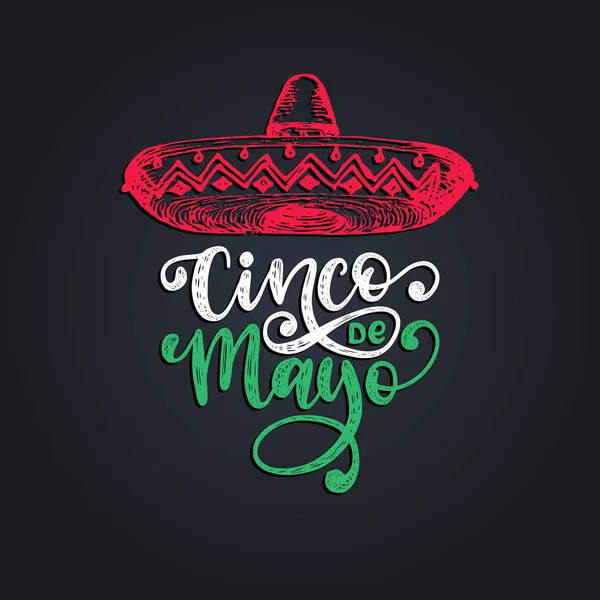 Cinco De Mayo el yazı. Çeviri İspanyolca 5 Mayıs. Vektör hat illüstrasyon fötr şapka ile. Tebrik kartı, afiş tasarımı için kullanılan.
