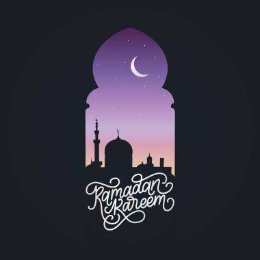 Ramazan Kareem hat. İslami tatil sembolleri vektör Illustration. Çizilmiş Camii gece manzara arch. Arapça tasarım arka plan. El ile yazılmış tebrik kartı, davetiye vb..