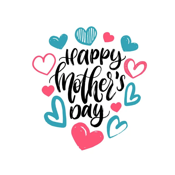 Szczęśliwy Dzień Matki Wektor Ręka Napis Ilustracja Kaligrafia Ciągnione Serca — Wektor stockowy