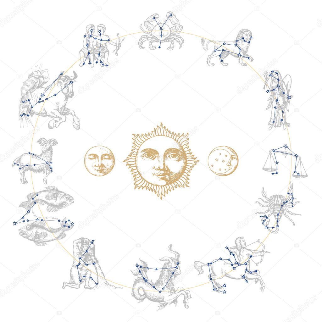 Zodiac constellations with drawn astrological symbols in engraving style. Vector horoscope signs with Sun,Moon,Crescent.