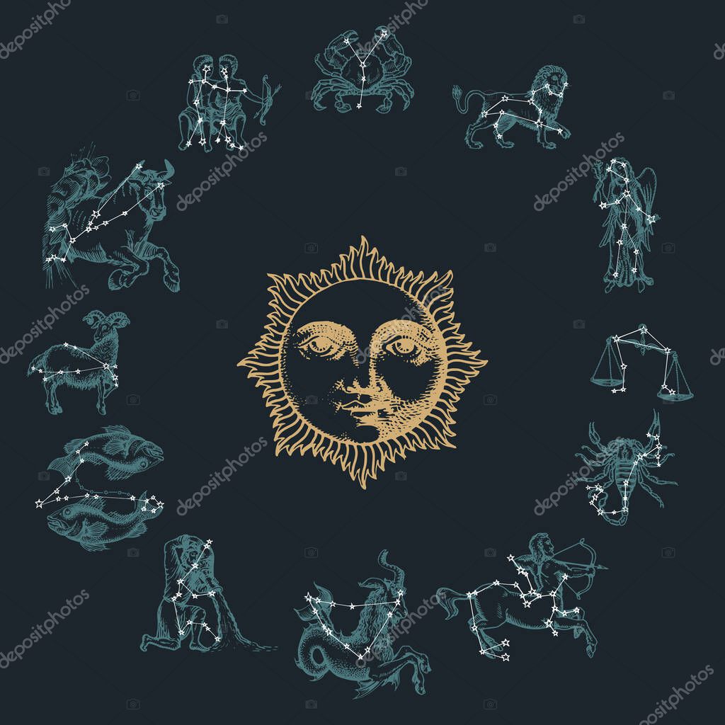 Zodiac constellations on background of hand drawn astrological symbols in engraving style. Vector retro graphic illustrations of horoscope signs with Sun.