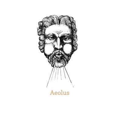 Aeolus, rüzgarların koruyucusu elle oyma stiliyle çizilmiş. Astrolojik tanrı Astraeus 'un vektör grafik çizimi.