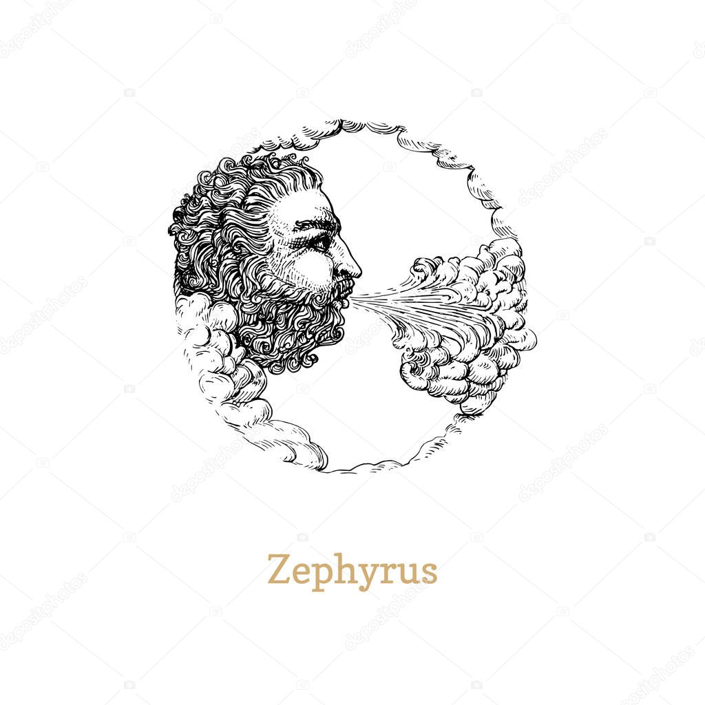 Zephyrus, west wind hand drawn in engraving style. Vector retro graphic illustration of mythological deity.