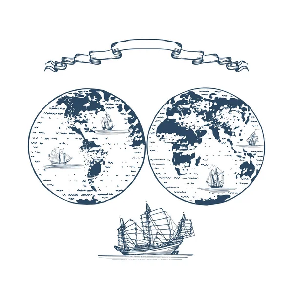 Ilustración gráfica de hemisferios del globo terrestre y veleros en vector. Estilización de un mapa antiguo . — Archivo Imágenes Vectoriales