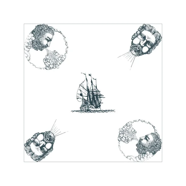 Die Anemoi, Götter des Windes und alte Segelschiffe, handgezeichnet im Stich-Stil. Vektorillustration des mythologischen Themas. — Stockvektor