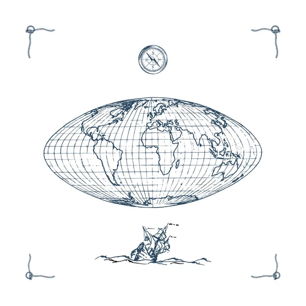 Illustration graphique de la carte du globe terrestre avec compas et voilier. Croquis dessiné en vecteur . — Image vectorielle