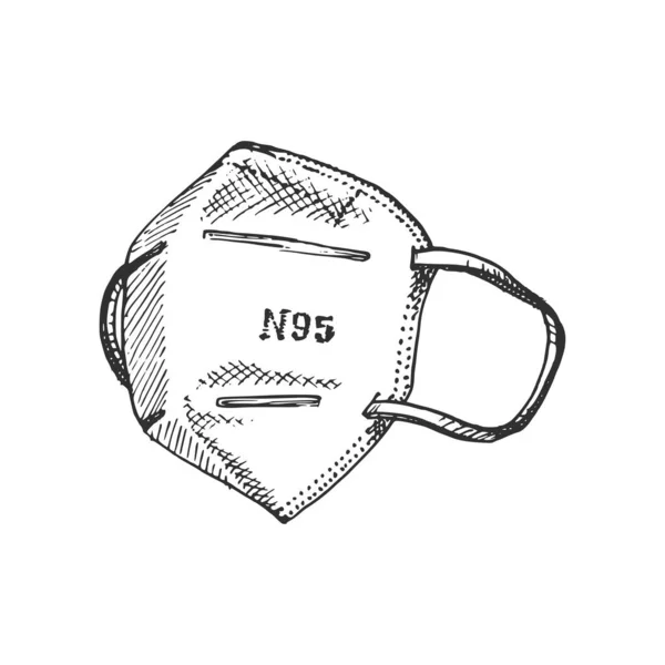Maschera medica, illustrazione grafica. Schizzo a mano del respiratore N95 . — Vettoriale Stock