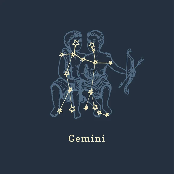 Constelación zodiacal de Géminis en estilo grabado. Ilustración vectorial retro gráfica del signo astrológico Gemelos . — Vector de stock
