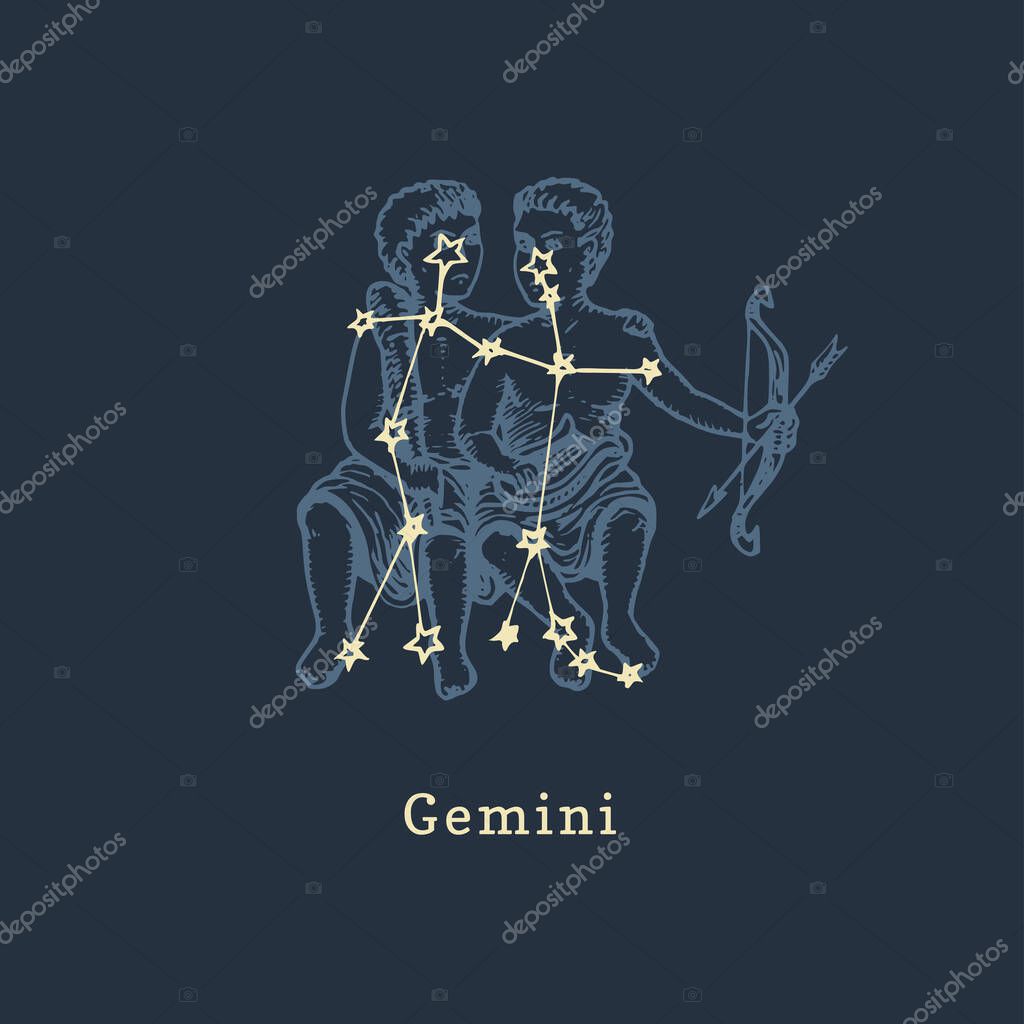 Zodiac constellation of Gemini on background of hand drawn symbol in engraving style. Vector retro graphic illustration of astrological sign Twins.