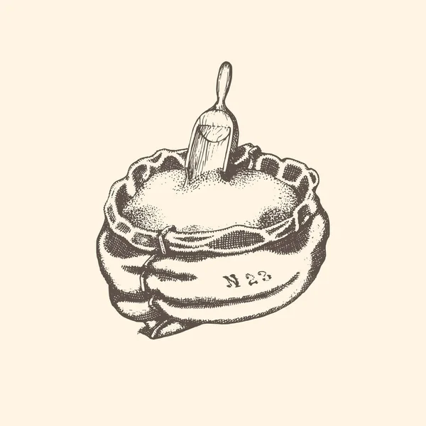 Ілюстрація зернового мішка з совок у векторі. Мальований млин у стилі гравіювання . — стоковий вектор