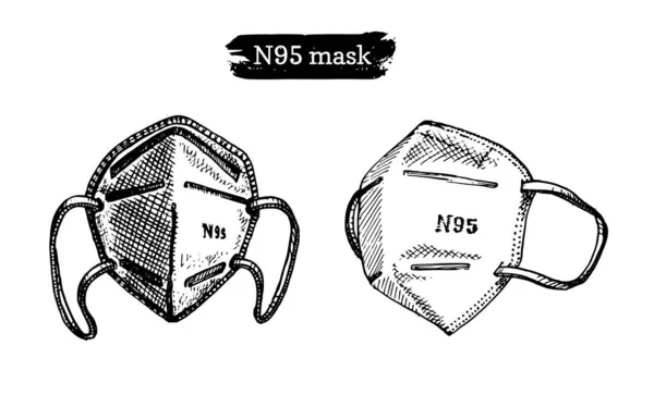 Bir takım tıbbi maskeler, grafik çizimler. Vektör içindeki N95 solunum cihazlarının el çizimleri. — Stok Vektör