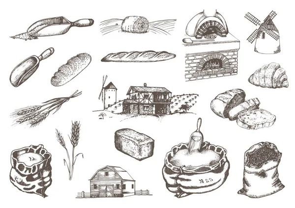 Graficzne ilustracje młynarzy w wektorze. Ręcznie rysowany zestaw wyrobów piekarniczych i ciastkarskich w stylu grawerskim. — Wektor stockowy