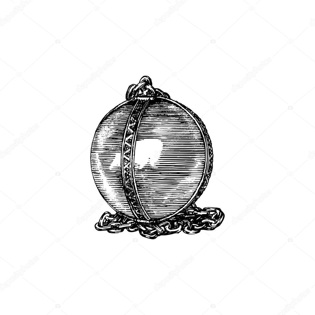 Magical crystal sphere, vector illustration in engraving style. Vintage mystical symbol. Drawn sketch of occult sign.