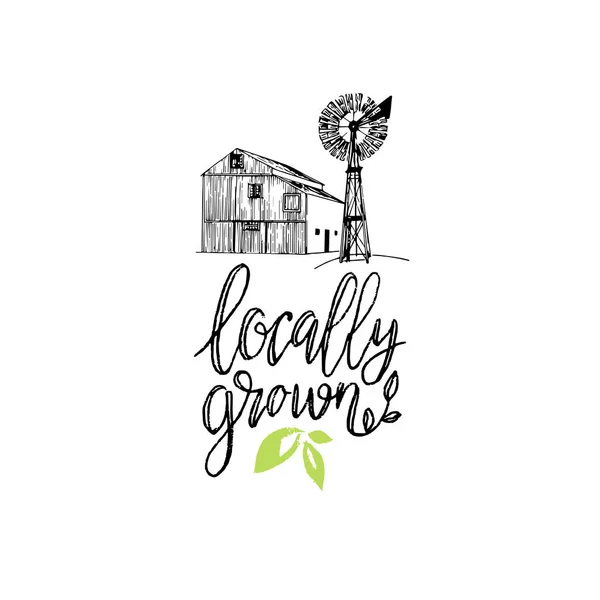 Illustrazione del vettore sano della fattoria. Lettere a mano coltivate localmente. Eco, logo alimentare biologico. Tag per imballaggio prodotti . — Vettoriale Stock