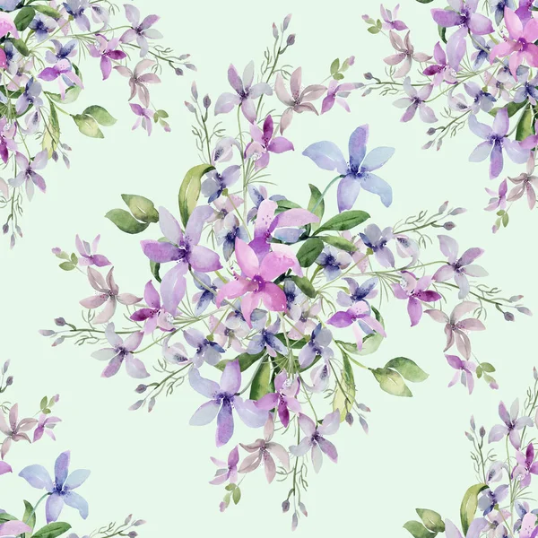 野の花とのシームレスなパターン、色付きの背景上の水彩画のイメージ — ストック写真