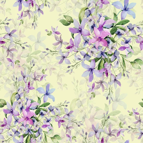 野の花とのシームレスなパターン、色付きの背景上の水彩画のイメージ — ストック写真