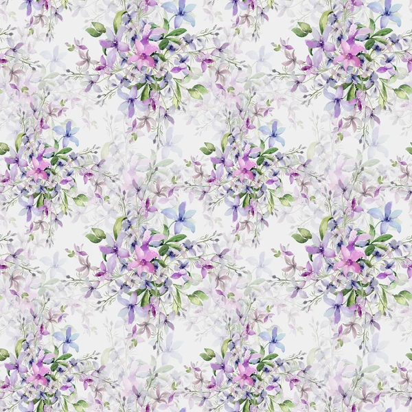Jednolity wzór dzikich kwiatów, akwarela obraz na kolorowym tle — Zdjęcie stockowe