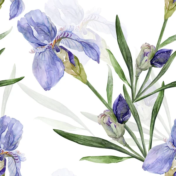 Seamless pattern of irises on a color watercolor background — Stock Photo, Image