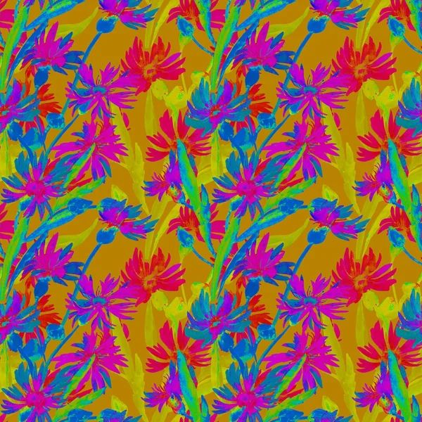 Акварельная иллюстрация букета полевых цветов, васильковых цветов на цветном фоне — стоковое фото