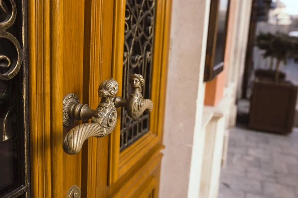 Poignée en cuivre sur une porte brune à Lviv — Photo