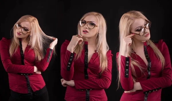 Sensuele vrouw in brillen en gekleed in blouse poseren voor fashi — Stockfoto