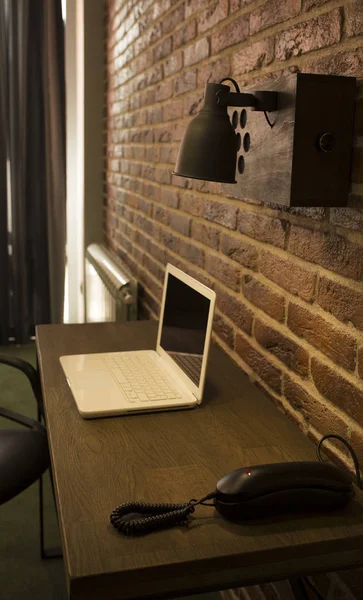 Side view picture of home workplace with blank laptop — Stock Photo, Image