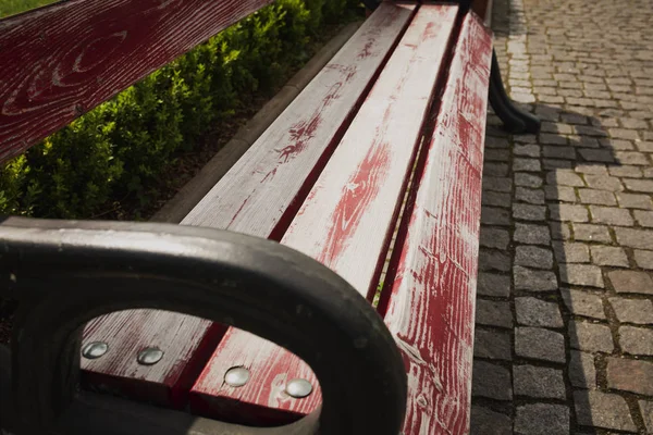 Деталь деревянной скамейки в городском парке с булыжником — стоковое фото