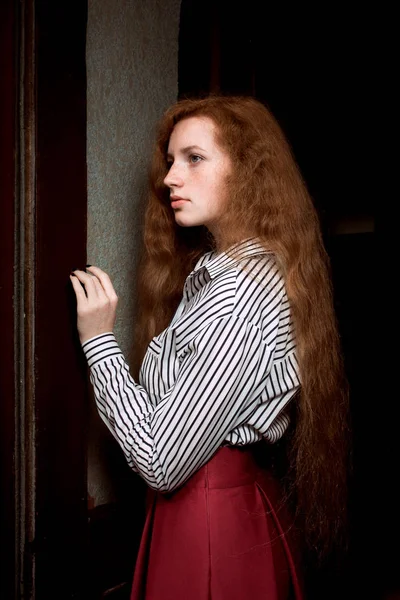 Attraktive junge rothaarige Modell mit langen üppigen Haaren posiert nea — Stockfoto