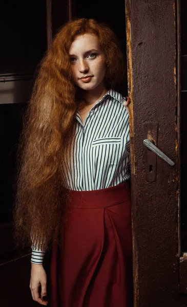 Mujer jengibre bastante joven con pelo rojo exuberante y pecas standi —  Fotos de Stock