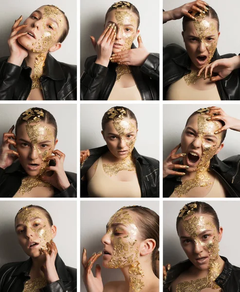 Il collage di spari di ritratto di modello emotivo giovane con arte fa — Foto Stock