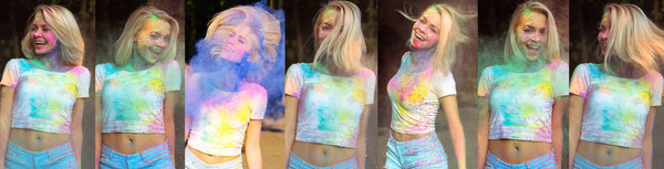 Kit of images with charming young woman celebrating Holi festiva