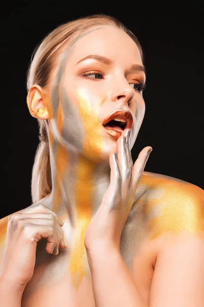 Beauty portrait of fashionable blonde model with gold and silver — Stock Photo, Image