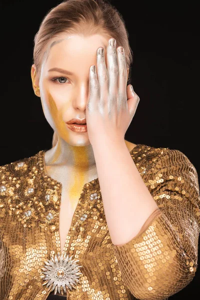 Retrato de beleza de modelo jovem maravilhoso com ouro e prata pa — Fotografia de Stock