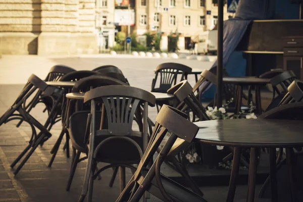 Empty Tables Chairs Closed Cafe Due Coronavirus — Stock Photo, Image