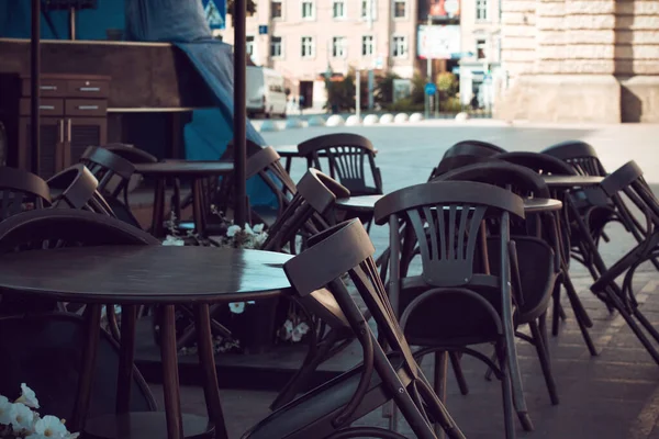 Empty Tables Chairs Closed Street Restaurant Due Quarantine Royalty Free Stock Images