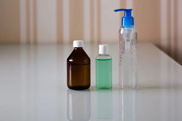 Set Bottles Medical Hygienic Gel Alcohol Hand Hygiene Corona Virus — Stock Photo, Image