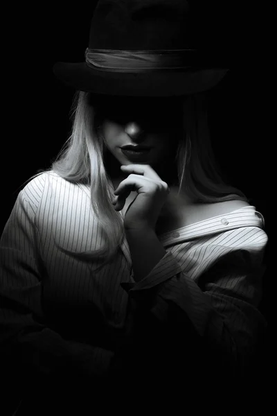 Wonderful Woman Wearing Striped Blouse Hat Posing Shadow Her Face — Stock Photo, Image