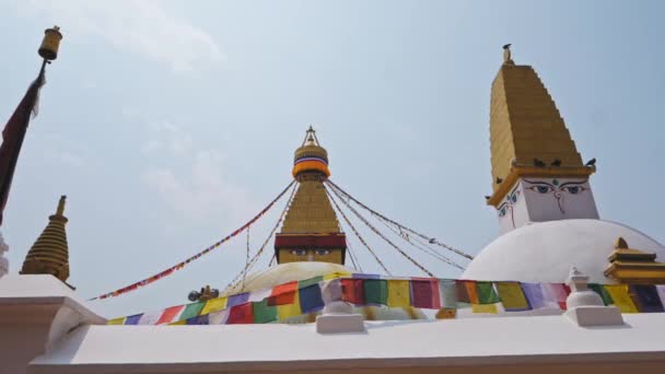 Allseende målade Bouddhas ögon tittar från Boudhanath dumas, Katmandu — Stockvideo