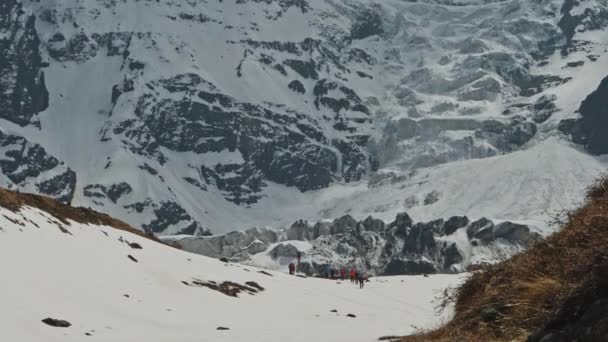 Touristes près d'un haut glacier géant au pied de la neige Montagne Annapurna III, Népal — Video